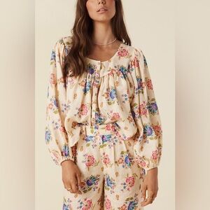NWT Spell Floral Linen Solstice Blouse - Cream and Pink